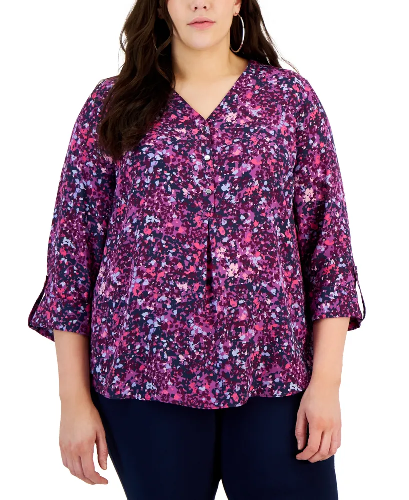 Jm Collection Plus Sea of Petals Scoop-Neck Top, Created for