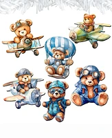 Designocracy Holiday Wooden Clip-On Ornaments Aviator Teddy Bear Set of 6 G. DeBrekht