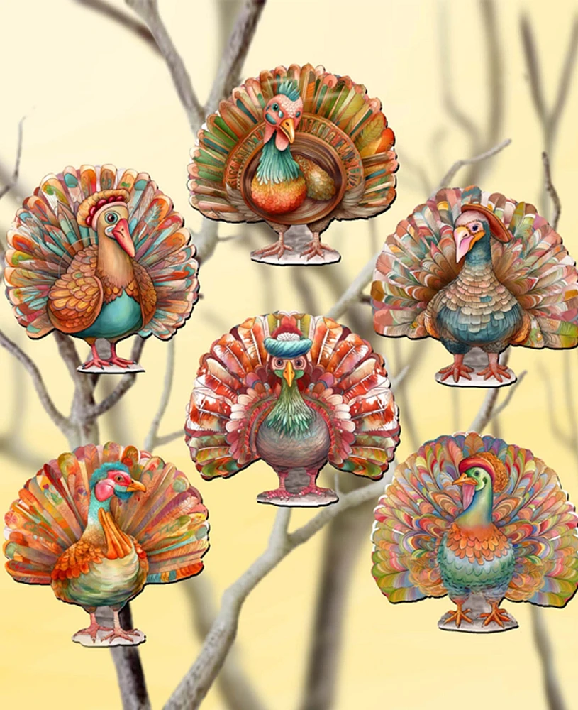 Designocracy Holiday Wooden Clip-On Ornaments Turkey Set of 6 G. DeBrekht