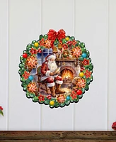 Designocracy Santa at the Fireplace Wreath Christmas Wooden Door Hanger Door Decor G. DeBrekht