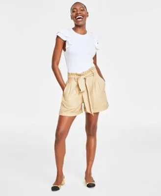 On 34th Womens Flutter Sleeve Ribbed Top Paperbag Waist Belted Shorts Created For Macys