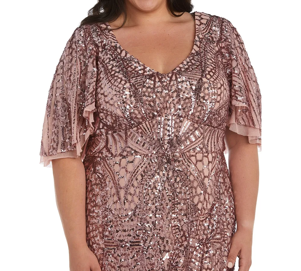 R&M Richards Plus Sequin Flutter-Sleeve Godet Gown