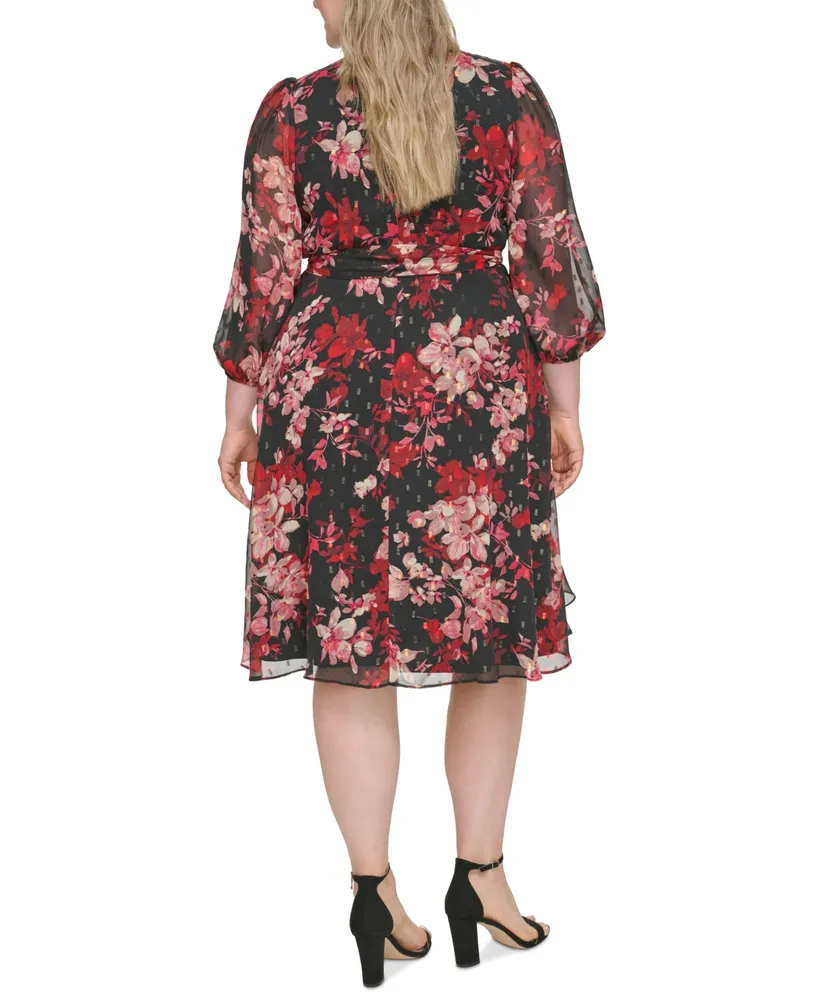Jessica Howard Plus Size Clip-Dot Chiffon Belted Midi Dress