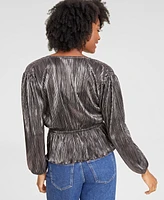 On 34th Women's Metallic Plisse Surplice-Neck Peplum Top, Created for Macy's