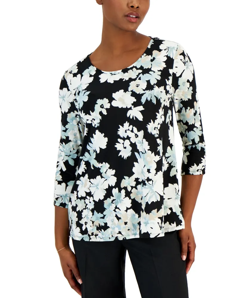 Ak Anne Klein Petite Floral Ruched-Sleeve Top