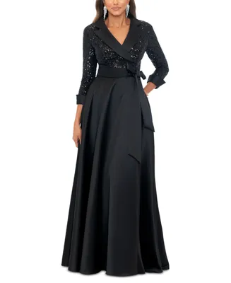 Xscape Women's Sequined Tuxedo Belted Ball Gown