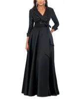 Xscape Women's Sequined Tuxedo Belted Ball Gown