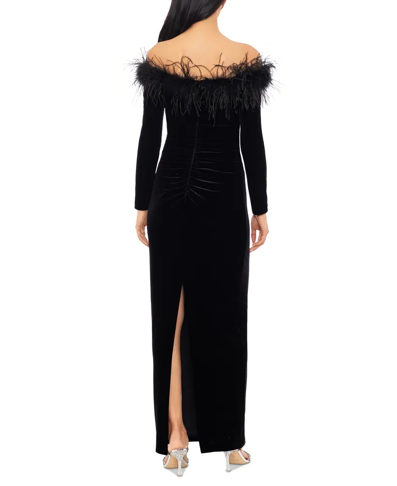 Xscape Women's Off-The-Shoulder Feather-Trim Velvet Gown