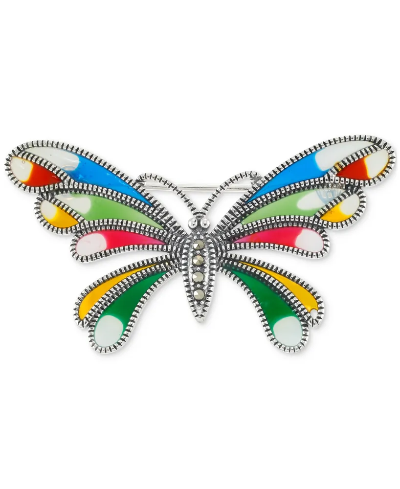 Marcasite (1/10 ct. t.w.), Cubic Zirconia, & Multicolor Enamel Butterfly Pin in Sterling Silver
