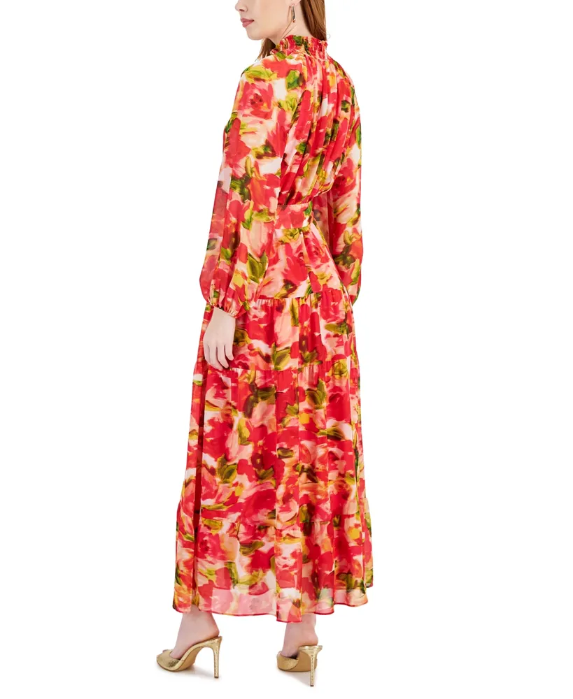 Taylor Women's Printed Chiffon Smocked Mock Neck Maxi Dress
