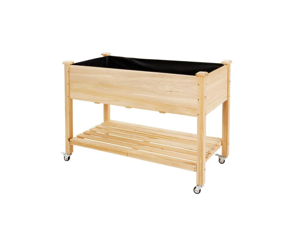 Wood Elevated Planter Bed with Lockable Wheels Shelf and Liner