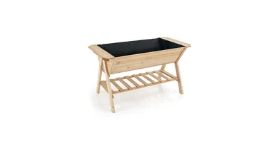 Raised Wood Garden Bed with Shelf and Liner