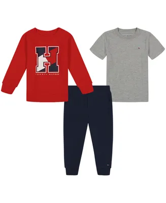 Tommy Hilfiger Baby Boys Basic T-shirt, Fleece Monogram Crewneck and Joggers, 3 Piece Set