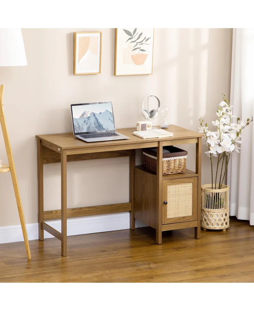 Homcom Space-Saving Small Computer Desk with Storage Shelf & Rattan Cabinet, Writing Desk Home Office Desk Workstation Table, Light Walnut