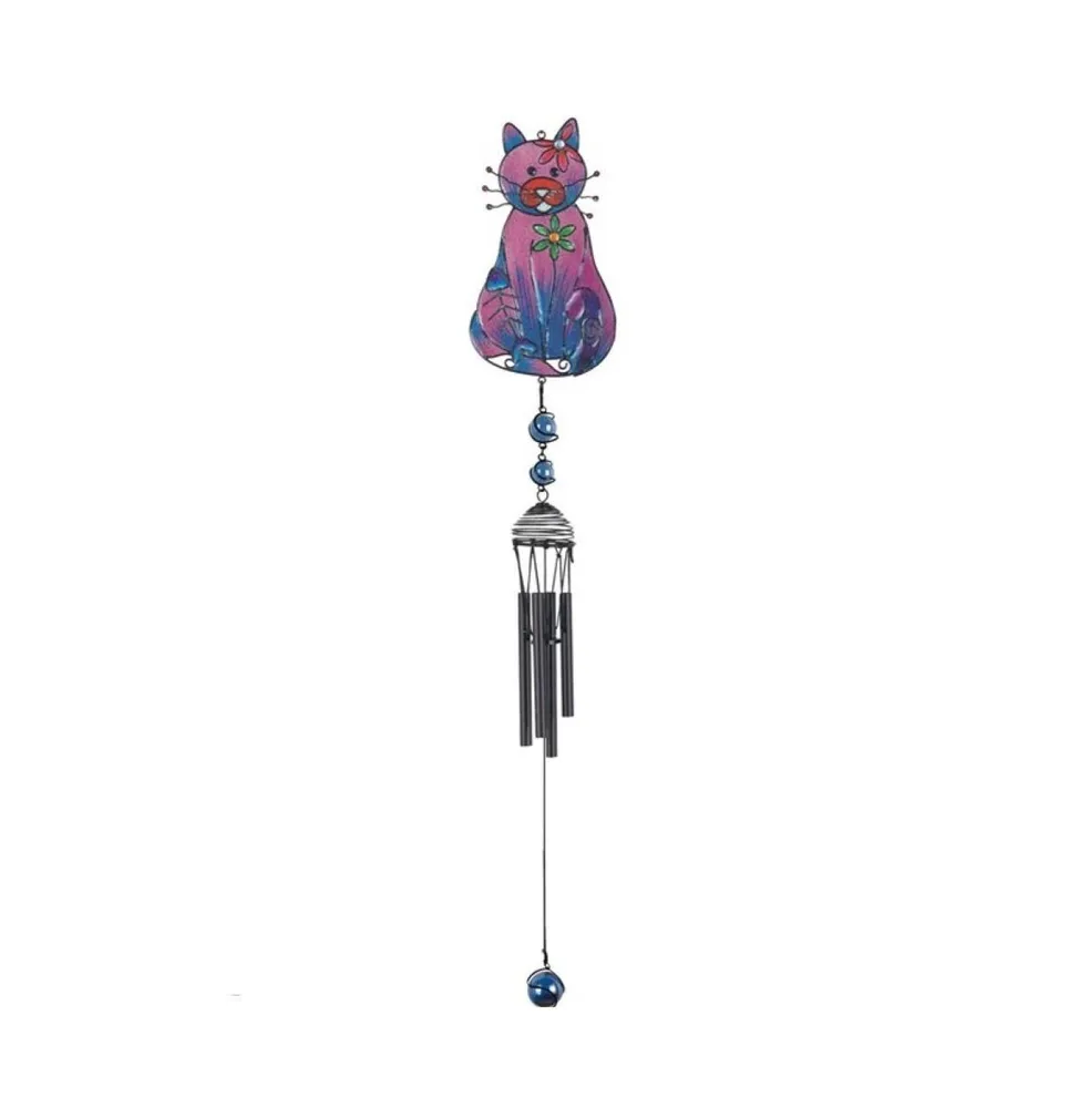 30" Long Purple Cat with Fish Bone Black Gem Wind Chime