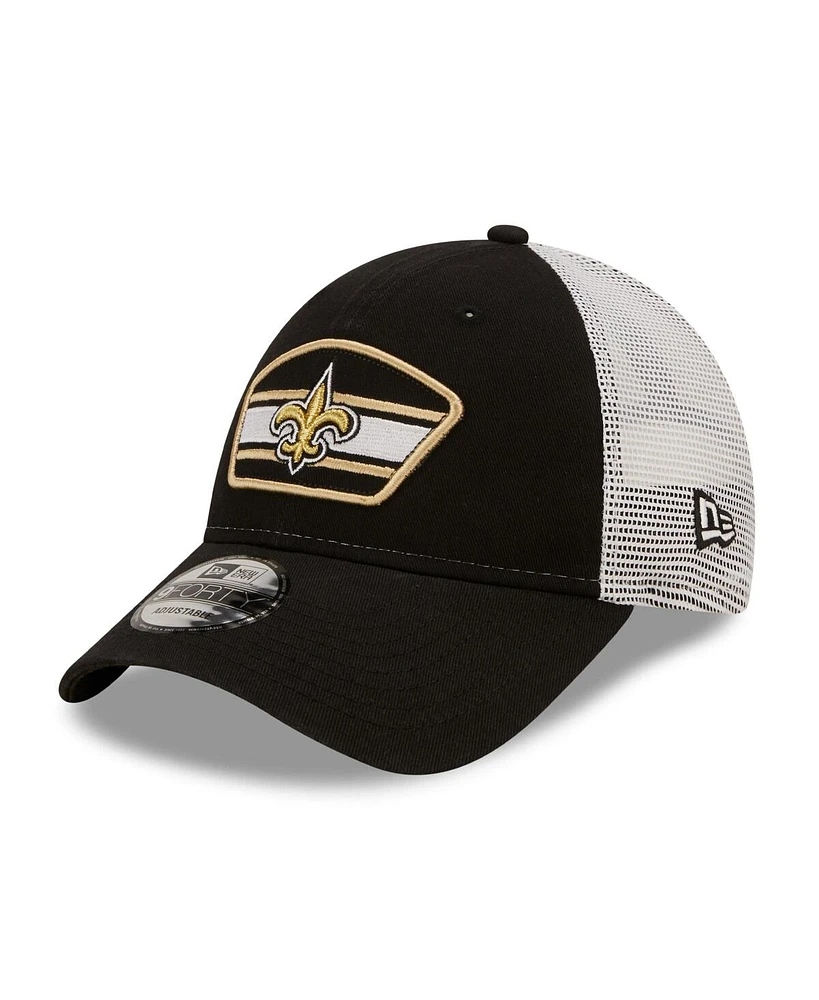 Men's New Era Black, White New Orleans Saints Logo Patch Trucker 9FORTY Snapback Hat