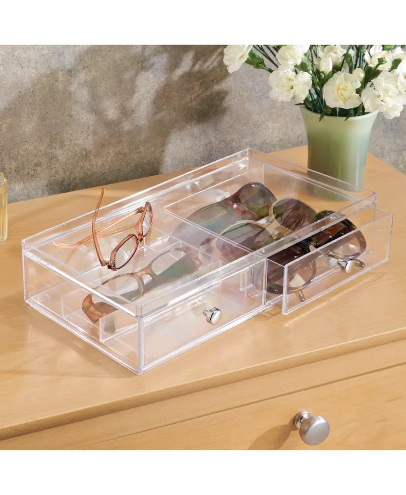 mDesign Wide Plastic Stackable Glasses Organizer Box, 2 Drawers, 2 Pack, Clear