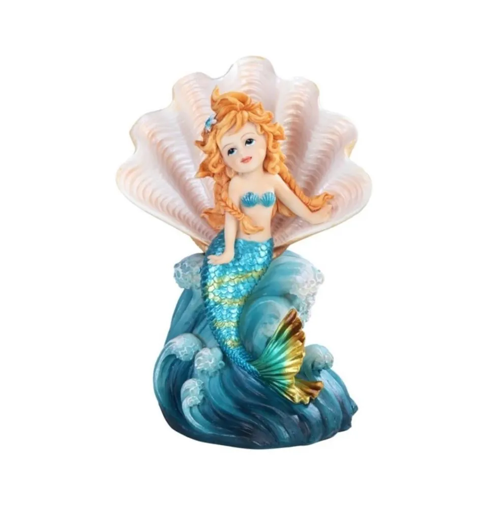 Fc Design 7"H Blue Tailed Youth Mermaid Girl Sitting in Ocean Shell Mergirl Statue Fantasy Decoration Figurine Home Decor Perfect Gift for House Warmi