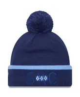 Men's New Era Navy Sporting Kansas City Wordmark Kick Off Cuffed Knit Hat with Pom