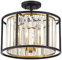 Possini Euro Design Milne Modern Ceiling Light Semi Flush Mount Fixture 14" Wide Bronze Outer Brass Inner Cage Frame Clear Crystal for Bedroom Kitchen