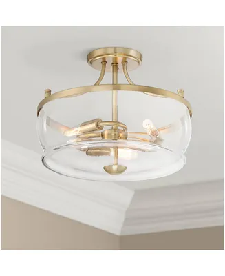 Possini Euro Design Alia Modern Industrial Ceiling Light Semi Flush Mount Fixture 14" Wide 3-Light Warm Brass Gold Clear Glass Shade for Bedroom Hallw