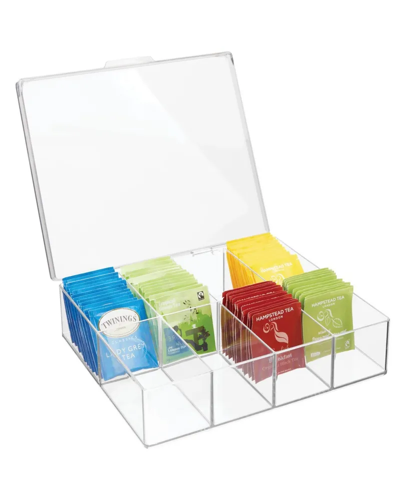 mDesign Plastic Tea Bag Divided Storage Organizer Box, Hinge Lid, Clear