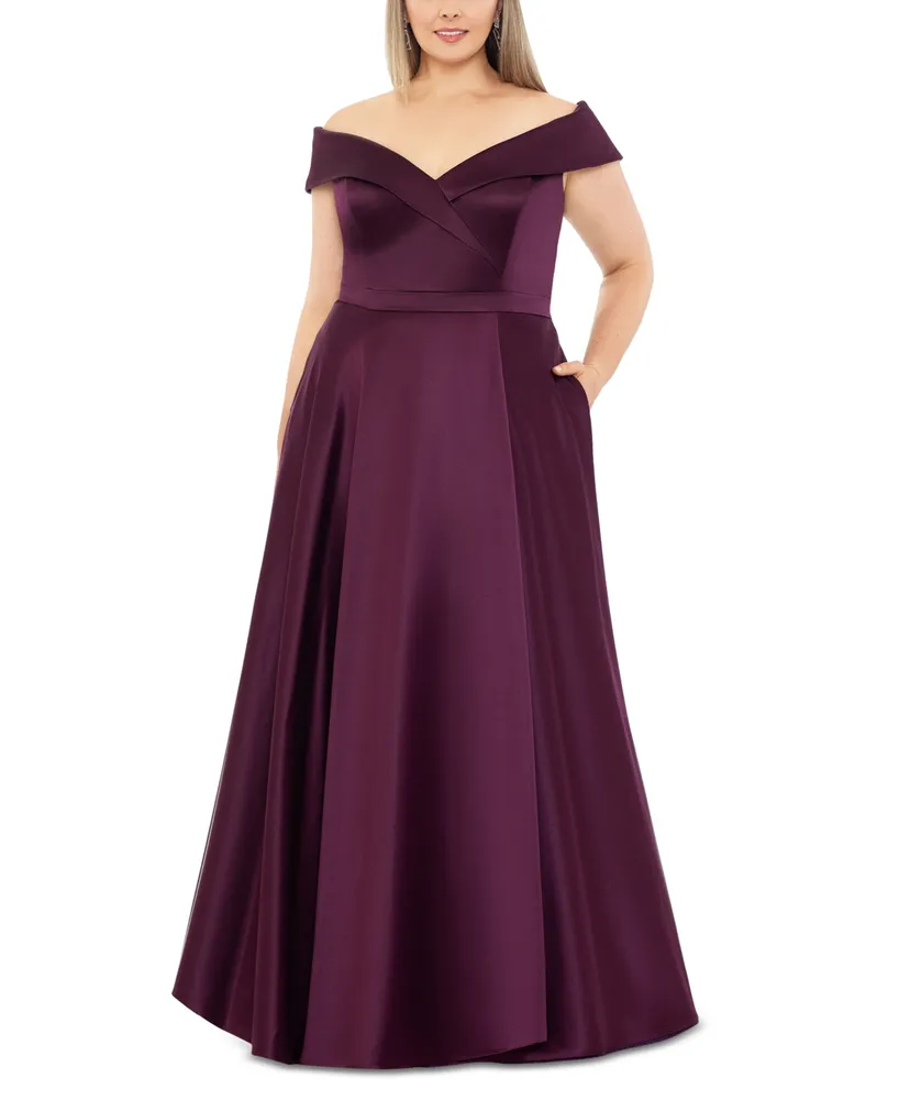 Xscape Plus Size Satin Off-The-Shoulder Front-Slit Gown