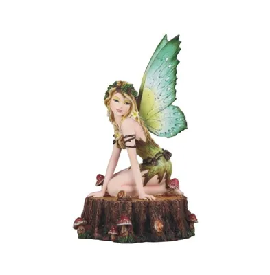 Fc Design 10"H Green Earth Fairy Sitting on Tree Trunk with Mushroom Statue Fantasy Decoration Figurine Home Decor Perfect Gift for House Warming, Hol