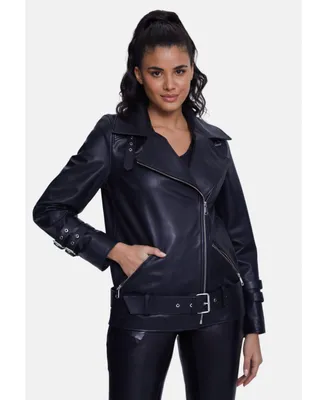 Furniq Uk Women's Genuine Leather Belted Biker Jacket,Nappa Black