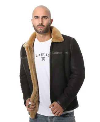 Furniq Uk Men's Leather Banded Sheepskin Casual Jacket, Washed Brown with Ginger Wool