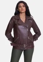 Furniq Uk Women's Genuine Leather Belted Biker Jacket,Nappa Brown