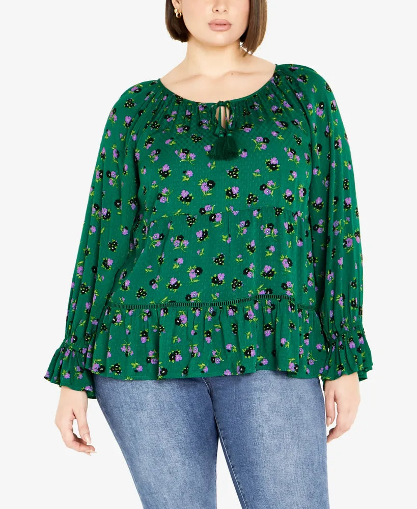 Avenue Plus Size Floral Field Shirred Cuff Top