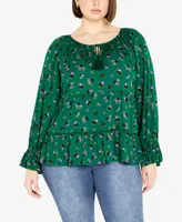 Avenue Plus Size Floral Field Shirred Cuff Top