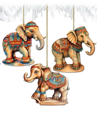 Designocracy Carousel Elephants Christmas Wooden Ornaments Set of 3 G. DeBrekht