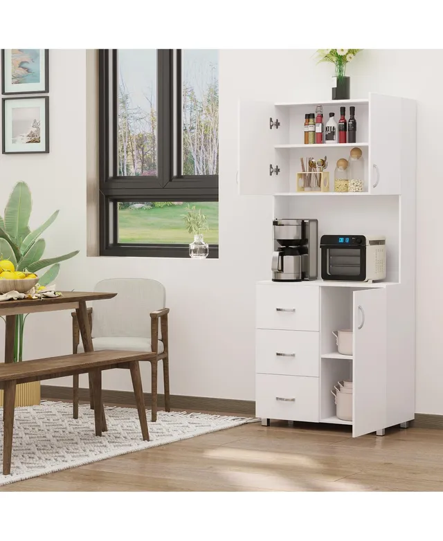 HOMCOM Freestanding Kitchen Pantry, Buffet with Hutch Storage Organizer with 2 Door Cabinets, 3 Drawers and Open Countertop, Adjustable Shelf, White