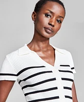 And Now This Women's Striped Ribbed Polo Short-Sleeve Sweater, Created for Macy's