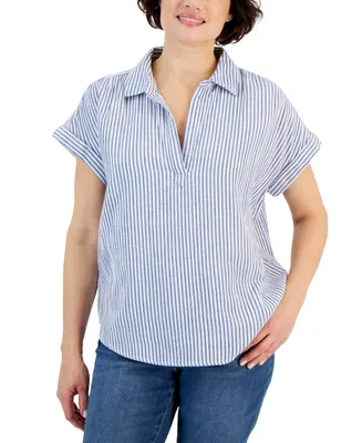 Style & Co Women's Striped Cotton Gauze Popover Shirt, Created for Macy's