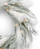 Seasonal Pine and Pampas 26" Pre-Lit Flocked Pe Wreath with 400 Tips,15 Pieces Pampas, 50 Led Lights with Battery Operated