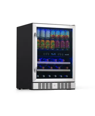 Newair 24" Built-in Dual Zone 20 Bottle and 70 Can Wine and Beverage Fridge in Stainless Steel with Split Shelf and Smooth Rolling Shelves