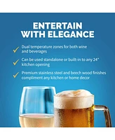 Newair 24 Inch Premium Built-in Dual Zone 20 Bottle and 60 Can French Door Wine and Beverage Fridge in Stainless Steel with SplitShelf and Beech Wood