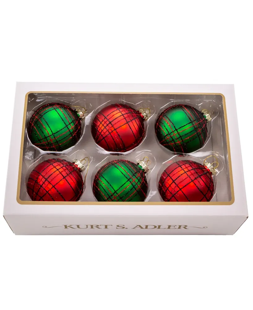 Kurt Adler 80 mm Plaid Glitter Balls, 6 Piece Set