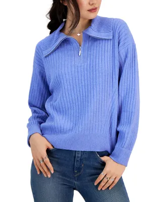 Hooked Up by Iot Juniors' Rib-Knit Half-Zip Sweater