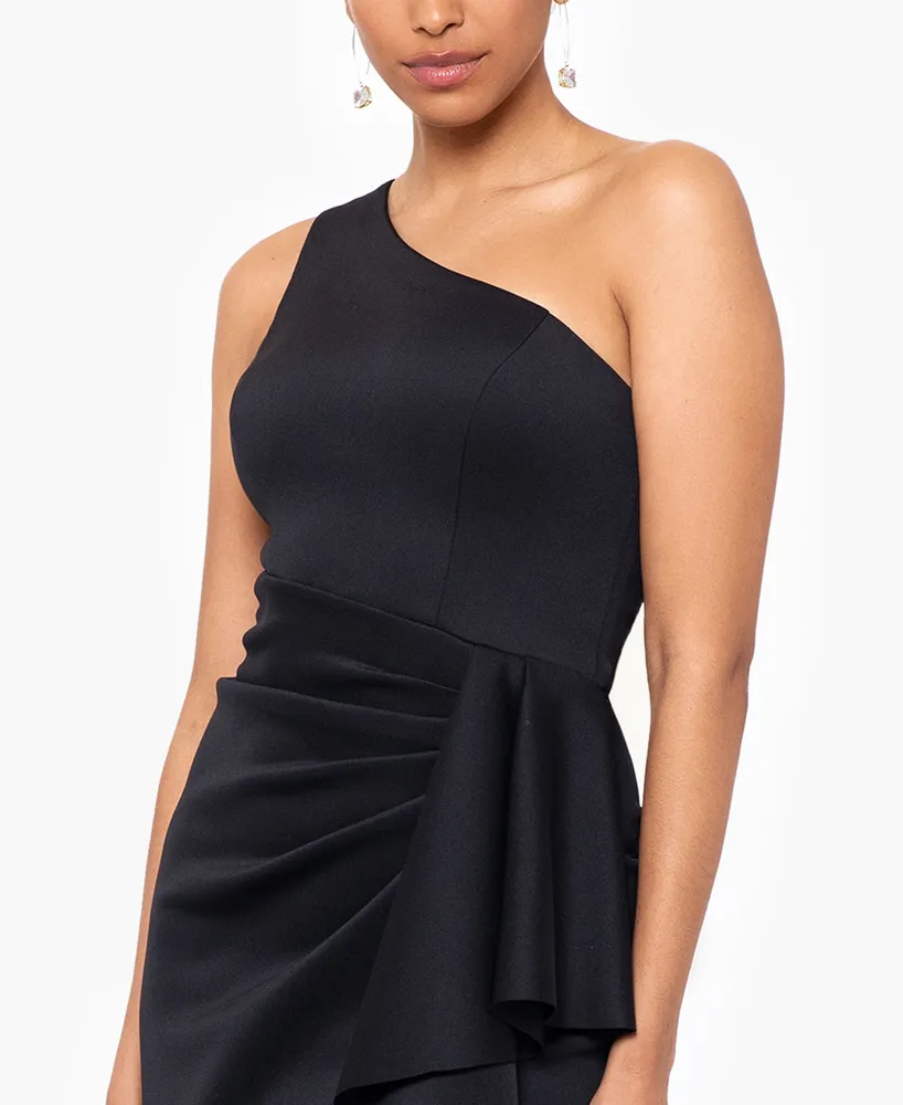 Xscape Petite One-Shoulder Side-Drape High-Slit Gown