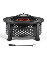 Costway 32'' Round Fire Pit Set W/ Rain Cover Bbq Grill Log Grate Poker