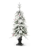 Glitzhome 4' Pre-Lit Flocked Fir Artificial Christmas Porch Tree with 100 Warm White Lights and Red Berries