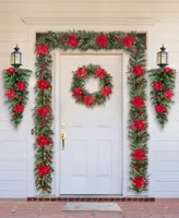 Glitzhome 3' Pre-Lit Greenery Pine Poinsettia and Red Berries Christmas Teardrop Swag with 50 Warm White Lights and Timer