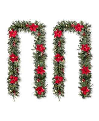 Glitzhome 2 Pack 9' Pre-Lit Greenery Pine Poinsettia and Red Berries Christmas Garl and, with 70 Warm White Lights and Timer