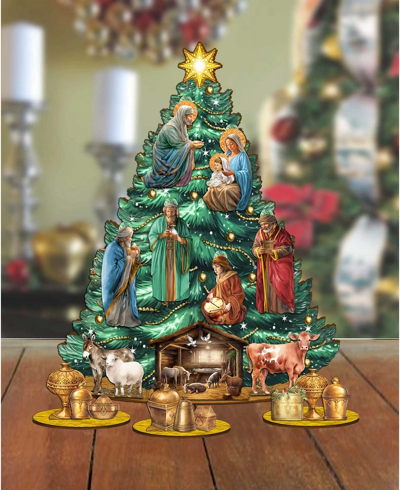 Designocracy Christmas Story Themed Wooden Christmas Tree with Ornaments Set of 13 G. DeBrekht