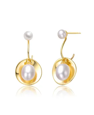 Genevive Sterling Silver 14k Yellow Gold Plated with White Freshwater Pearl Double Drop Seashell Dangle Earrings
