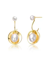 Genevive Sterling Silver 14k Yellow Gold Plated with White Freshwater Pearl Double Drop Seashell Dangle Earrings